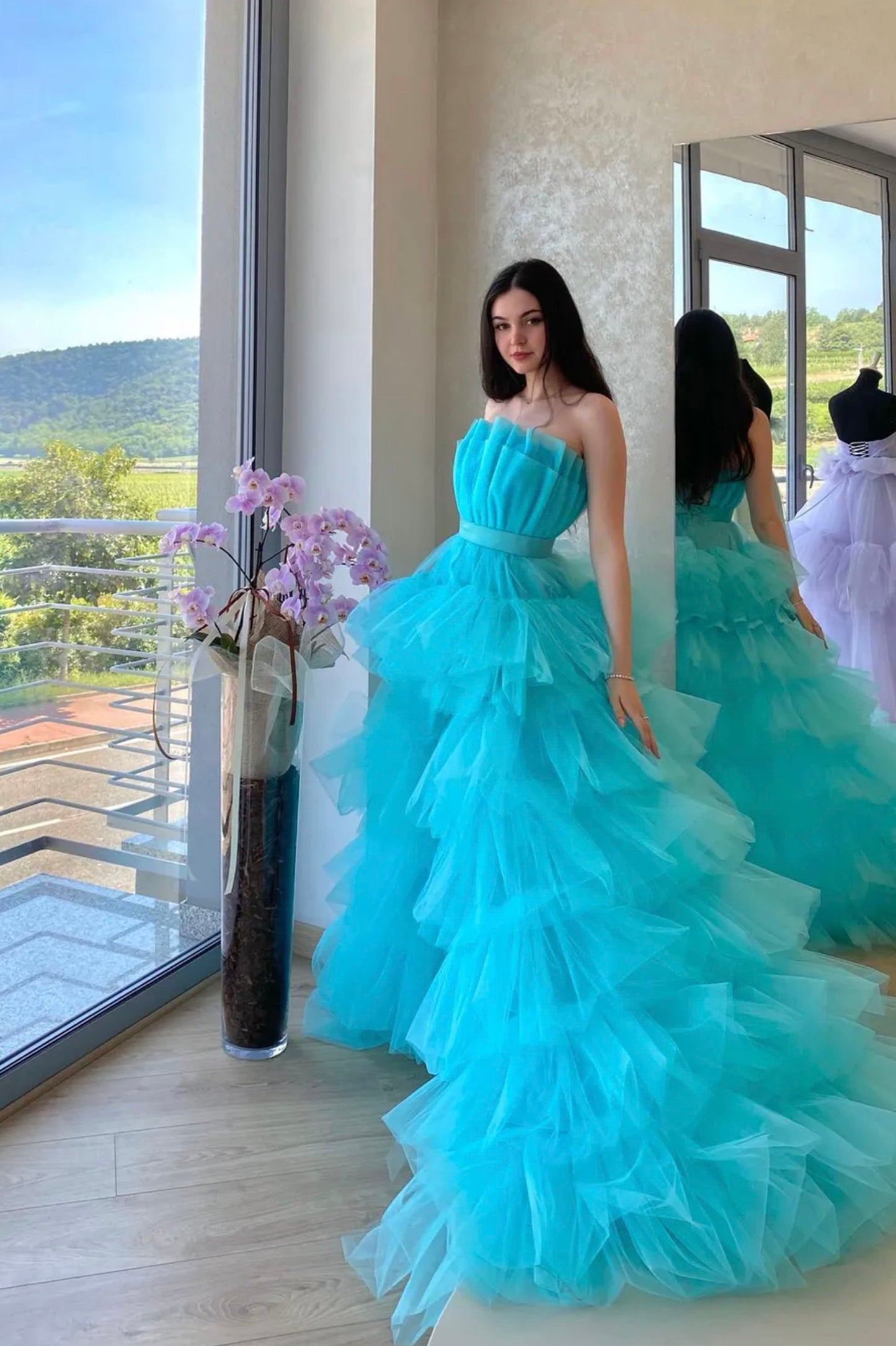 Blue Strapless Tulle High Low Prom Dress