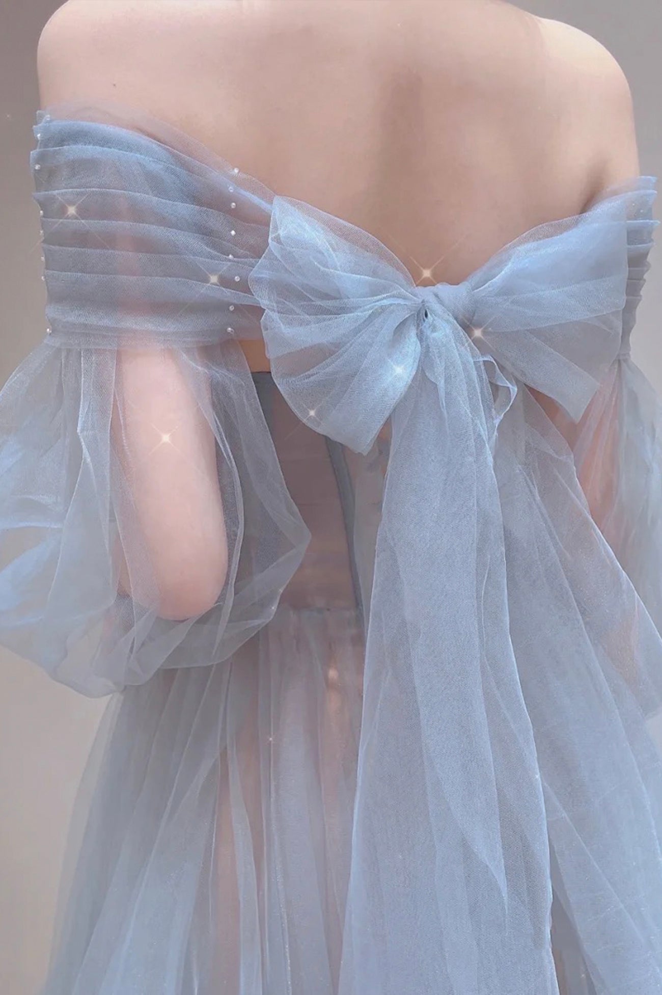 Blue Tulle Long Prom Dress, Beautiful Long Sleeve Tulle Evening Dress