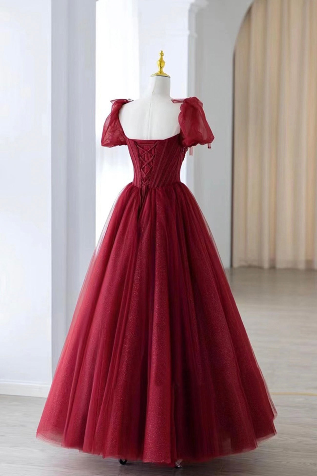 Burgundy Tulle Beaded Long Prom Dress