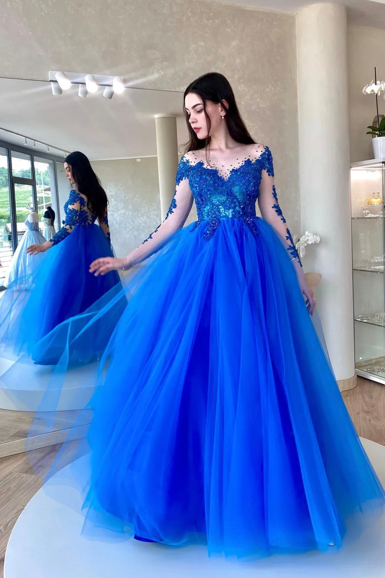 Blue Tulle Lace Long Prom Dress, A-line Long Sleeve Evening Dress