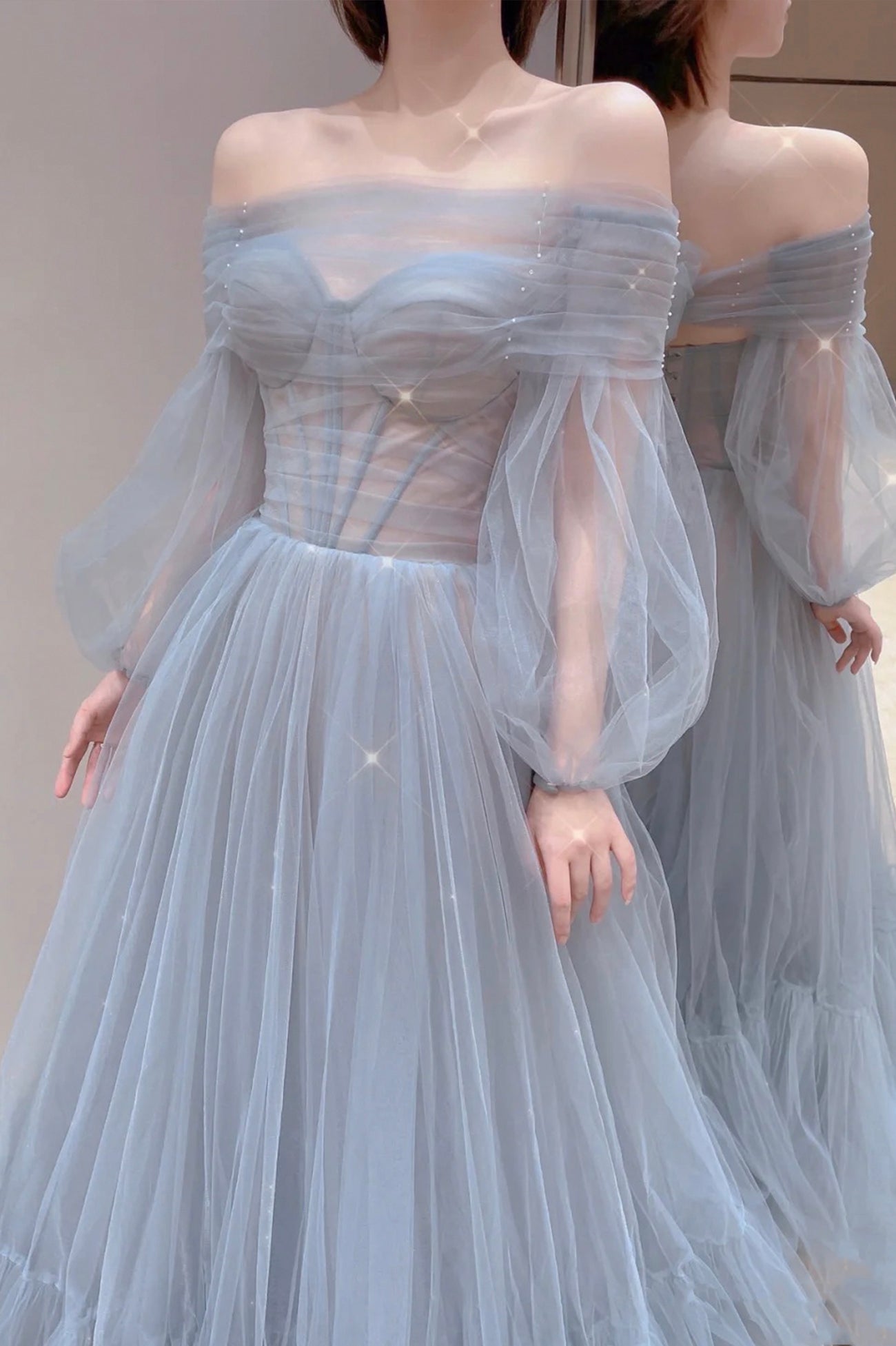 Blue Tulle Long Prom Dress, Beautiful Long Sleeve Tulle Evening Dress