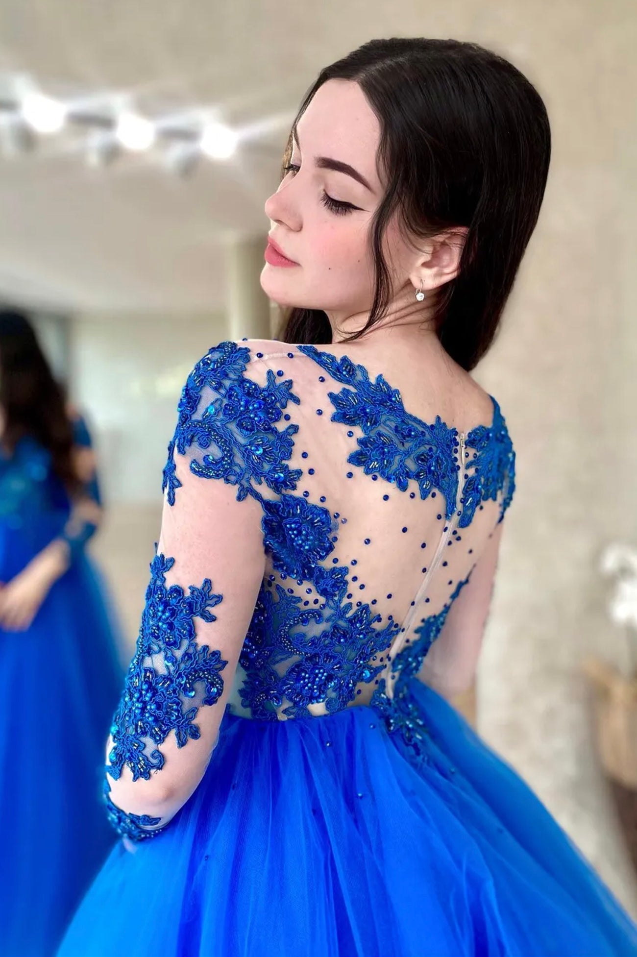 Blue Tulle Lace Long Prom Dress, A-line Long Sleeve Evening Dress