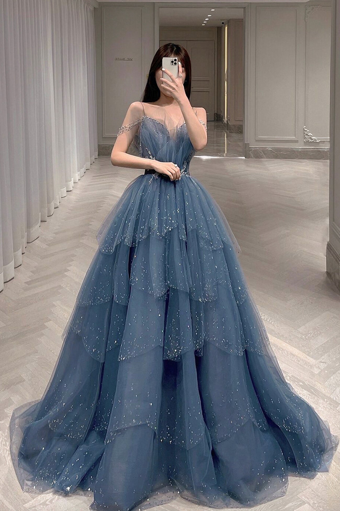 Blue Spaghetti Strap Tulle Beaded Long A-Line Ball Gown