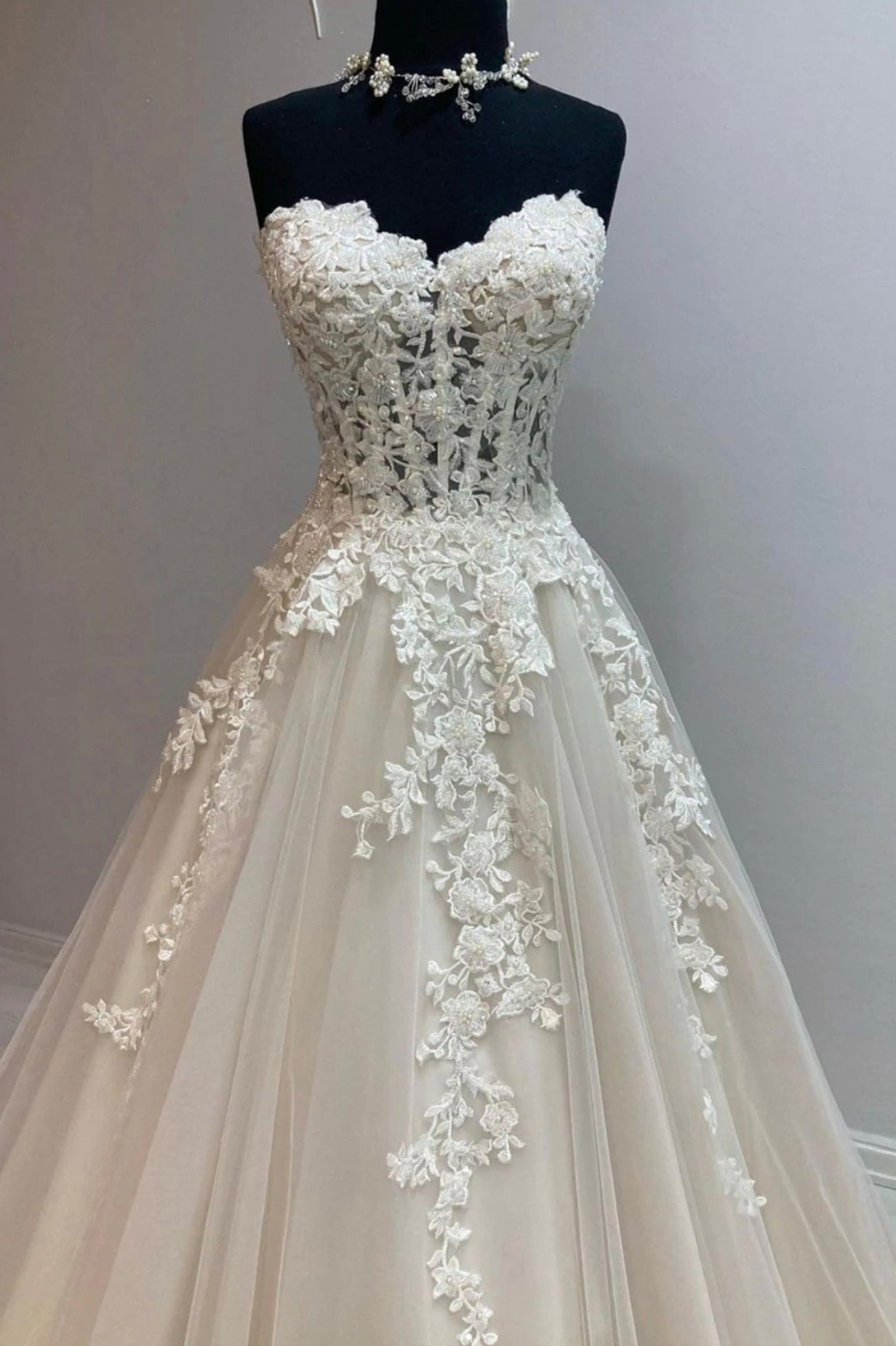 Champagne tulle lace long prom dress evening dress