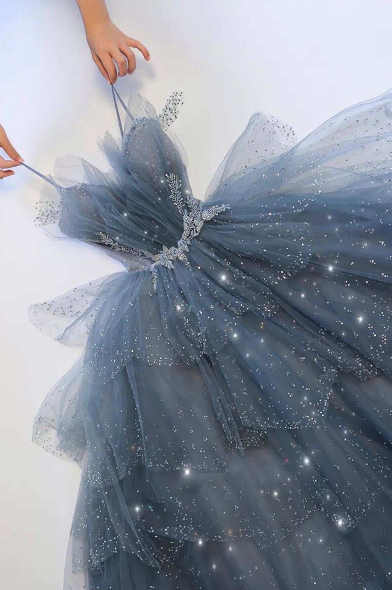 Blue Spaghetti Strap Tulle Beaded Long A-Line Ball Gown
