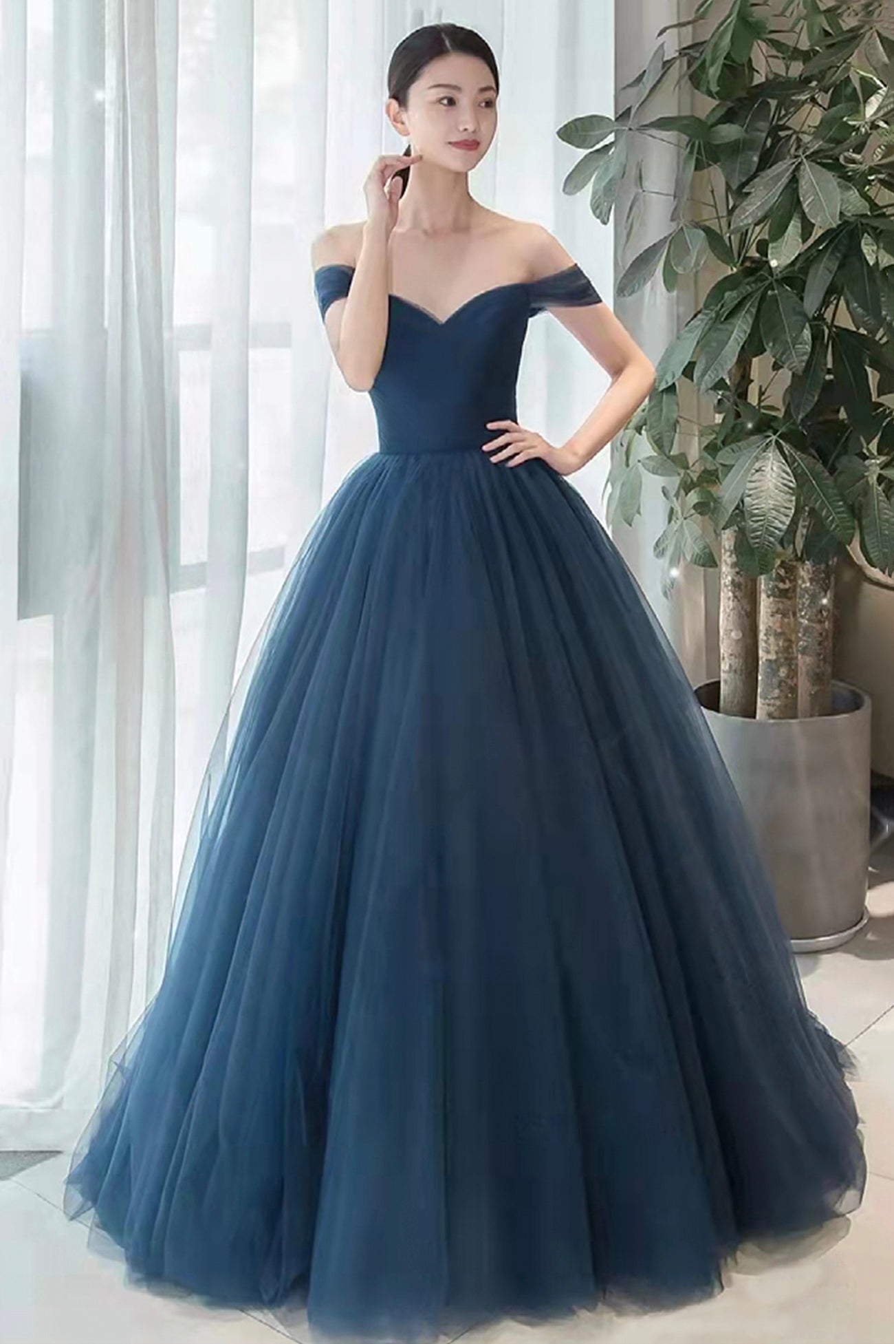 Elegant Blue Tulle Long Prom Dress, A-Line Off the Shoulder Evening Party Dress