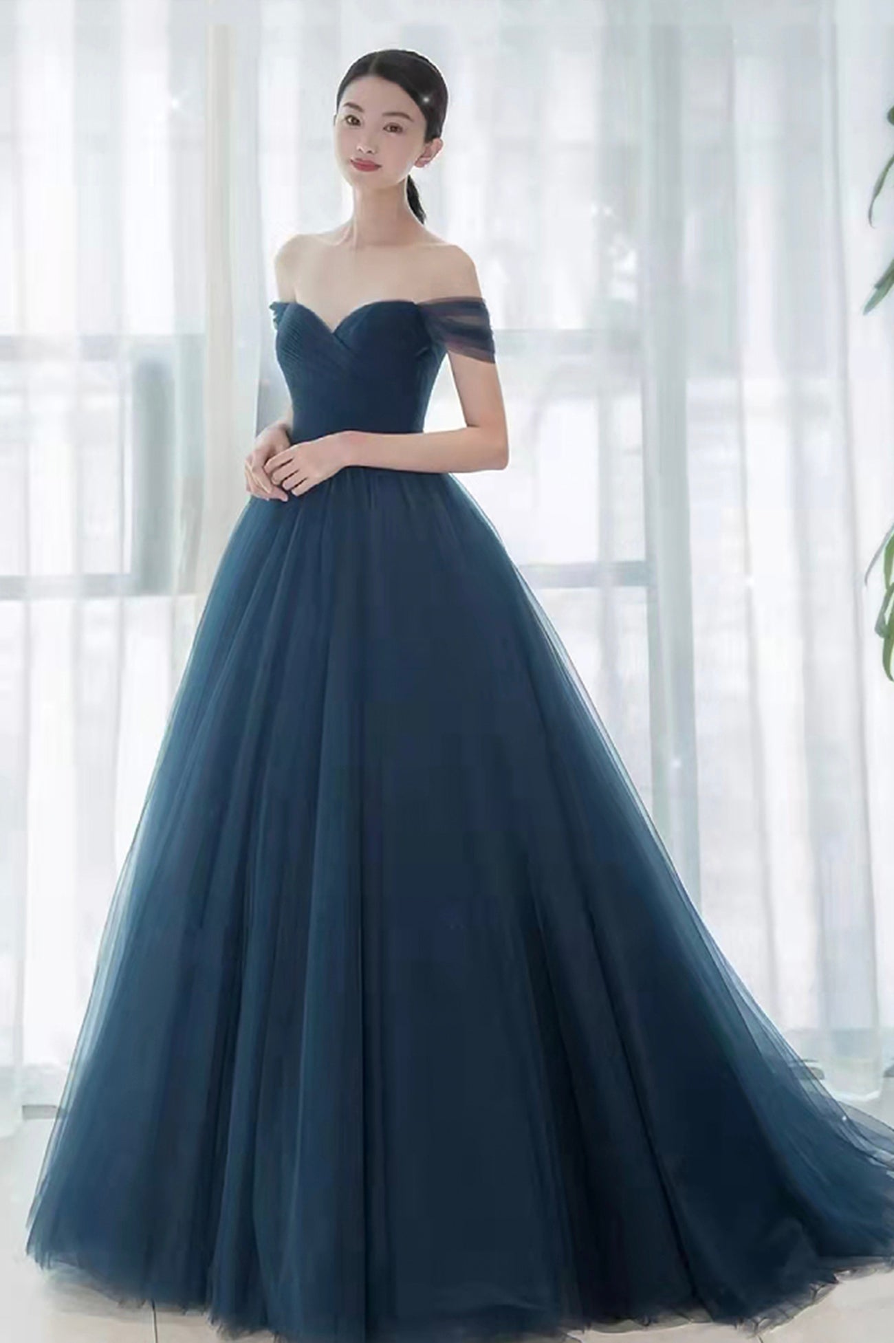 Elegant Blue Tulle Long Prom Dress, A-Line Off the Shoulder Evening Party Dress