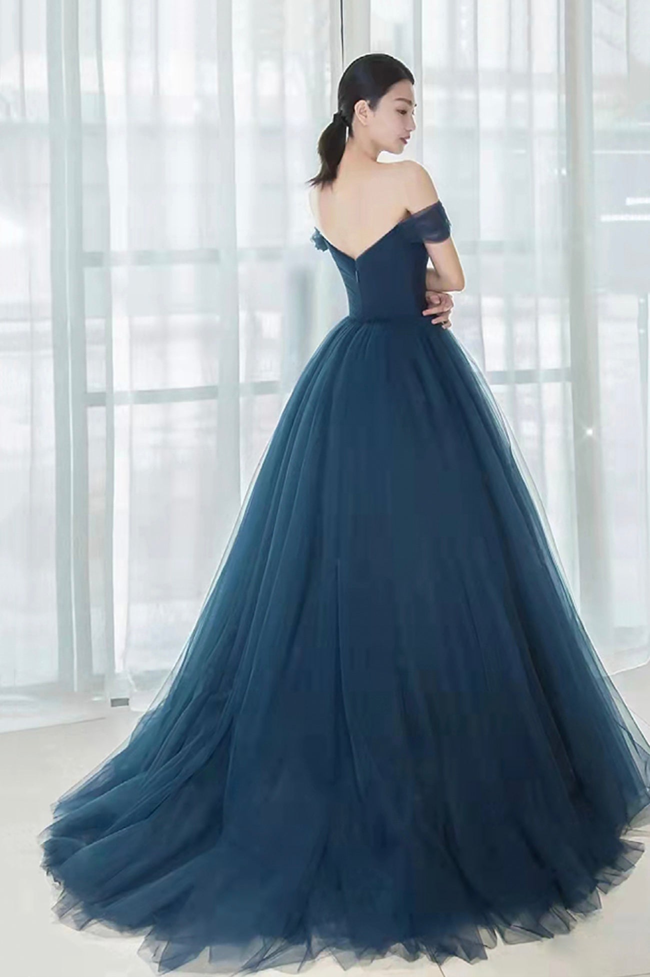 Elegant Blue Tulle Long Prom Dress, A-Line Off the Shoulder Evening Party Dress