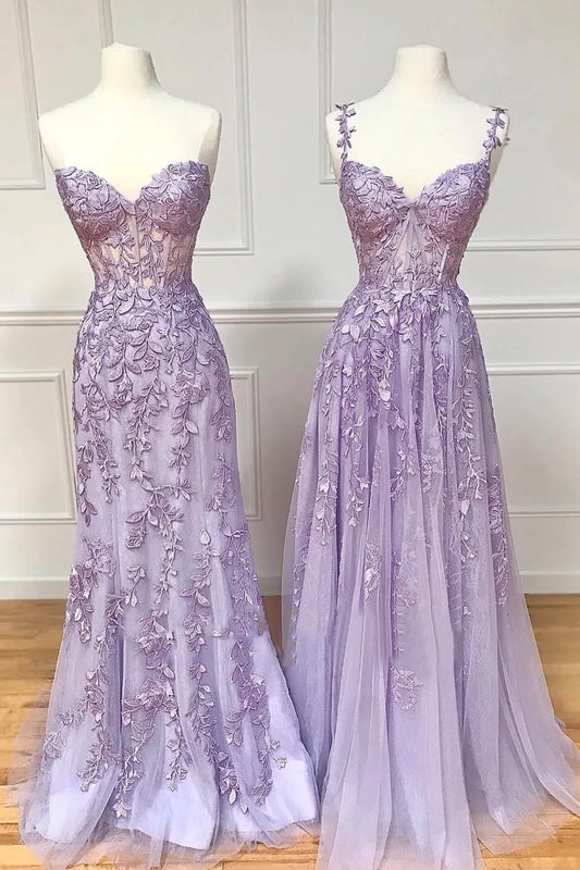 Purple Tulle Lace Long Prom Dress with Corset
