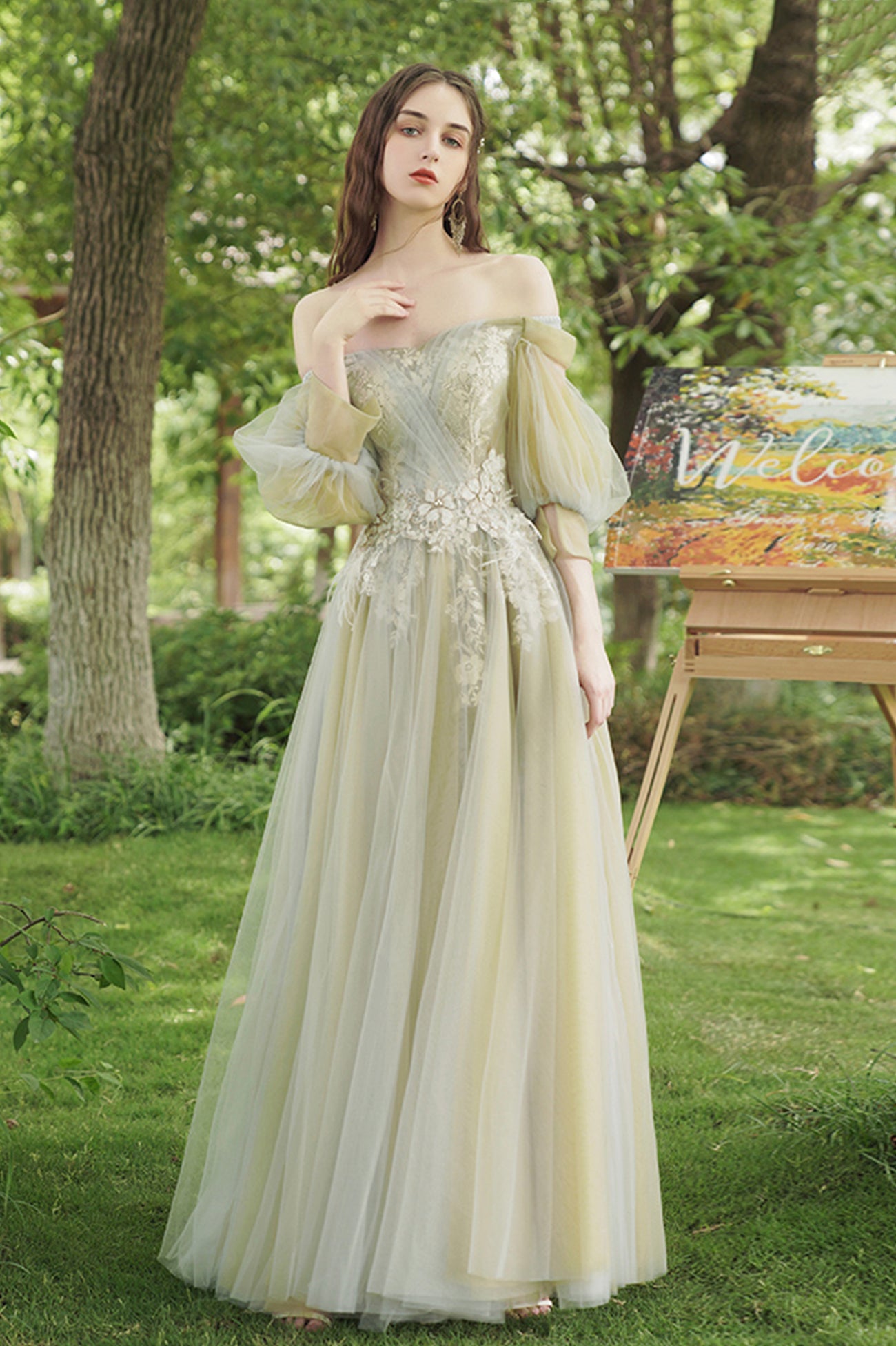 Green Tulle Lace Long Prom Dress, Beautiful A-Line Evening Party Dress