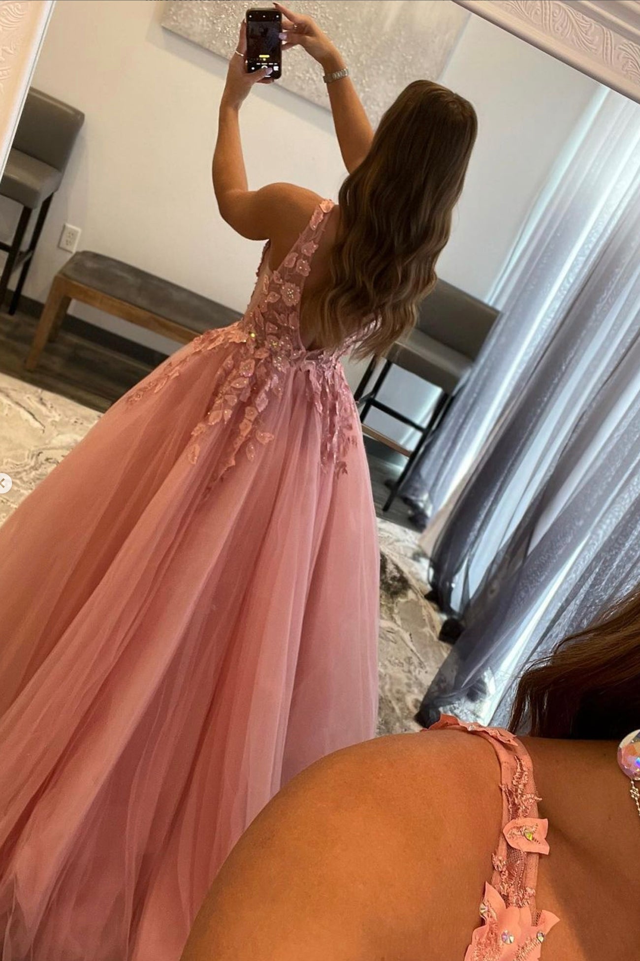 Pink V-Neck Lace Floor Length Prom Dress, Beautiful A-Line Backless Evening Dress