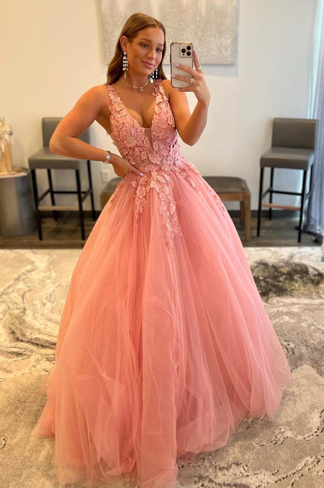 Pink V-Neck Lace Floor Length Prom Dress, Beautiful A-Line Backless Evening Dress