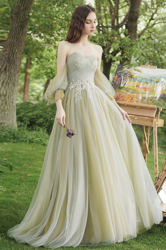 Green Tulle Lace Long Prom Dress, Beautiful A-Line Evening Party Dress