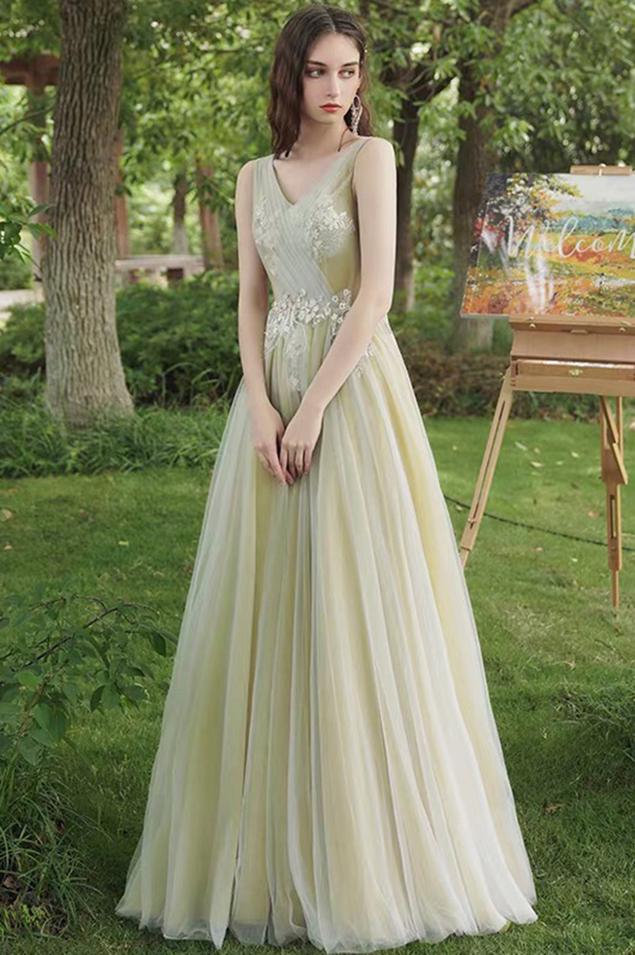 Green Tulle Lace Long Prom Dress, Beautiful A-Line Evening Party Dress