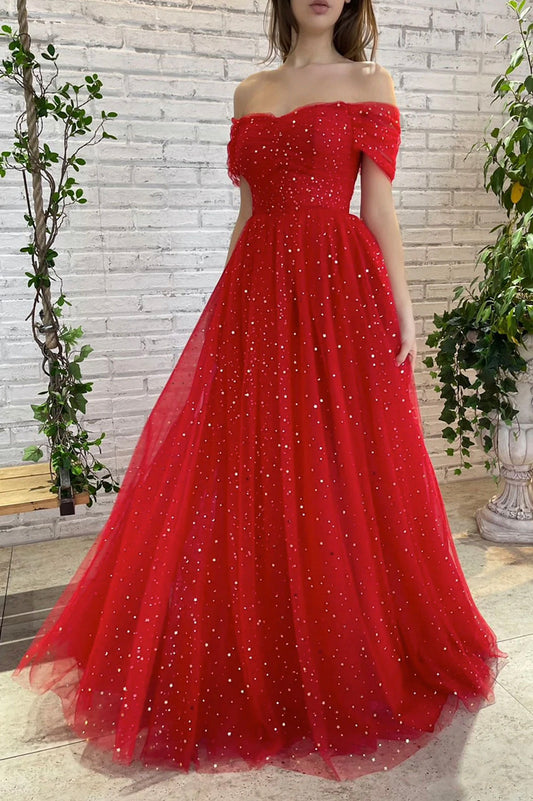 Red Tulle Long Prom Dress, Off the Shoulder Evening Dress