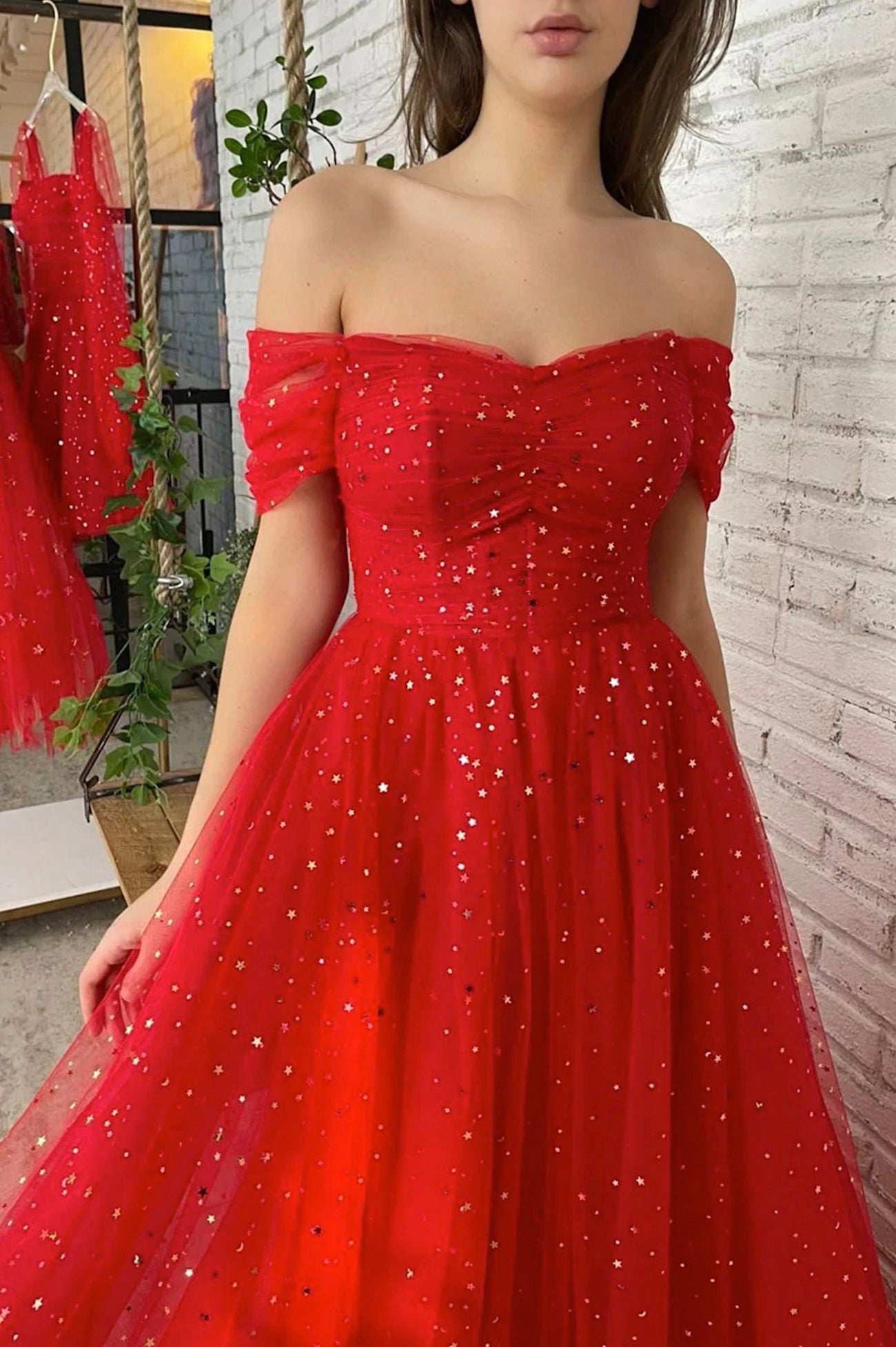 Red Tulle Long Prom Dress, Off the Shoulder Evening Dress