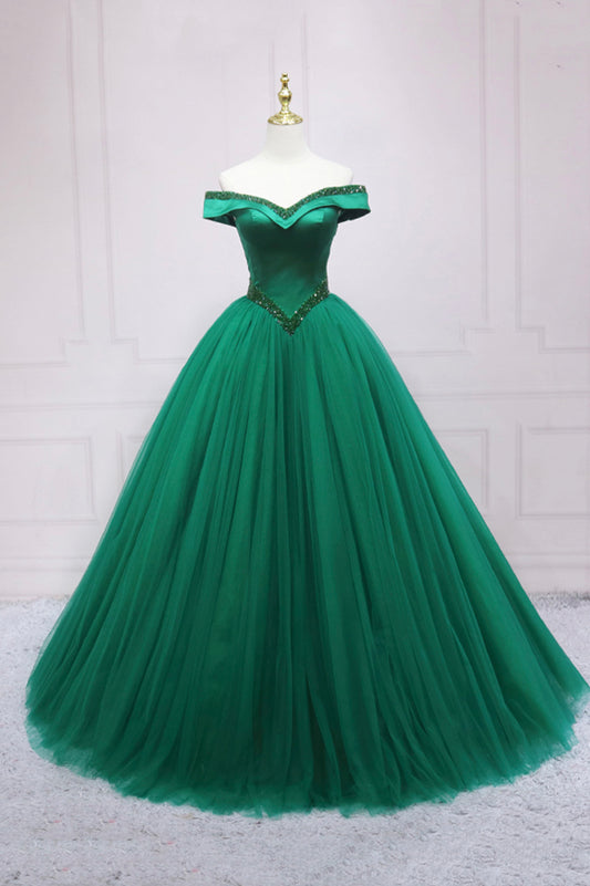 Green Tulle Beaded Long Ball Gown Formal Dress, Off the Shoulder Evening Dress