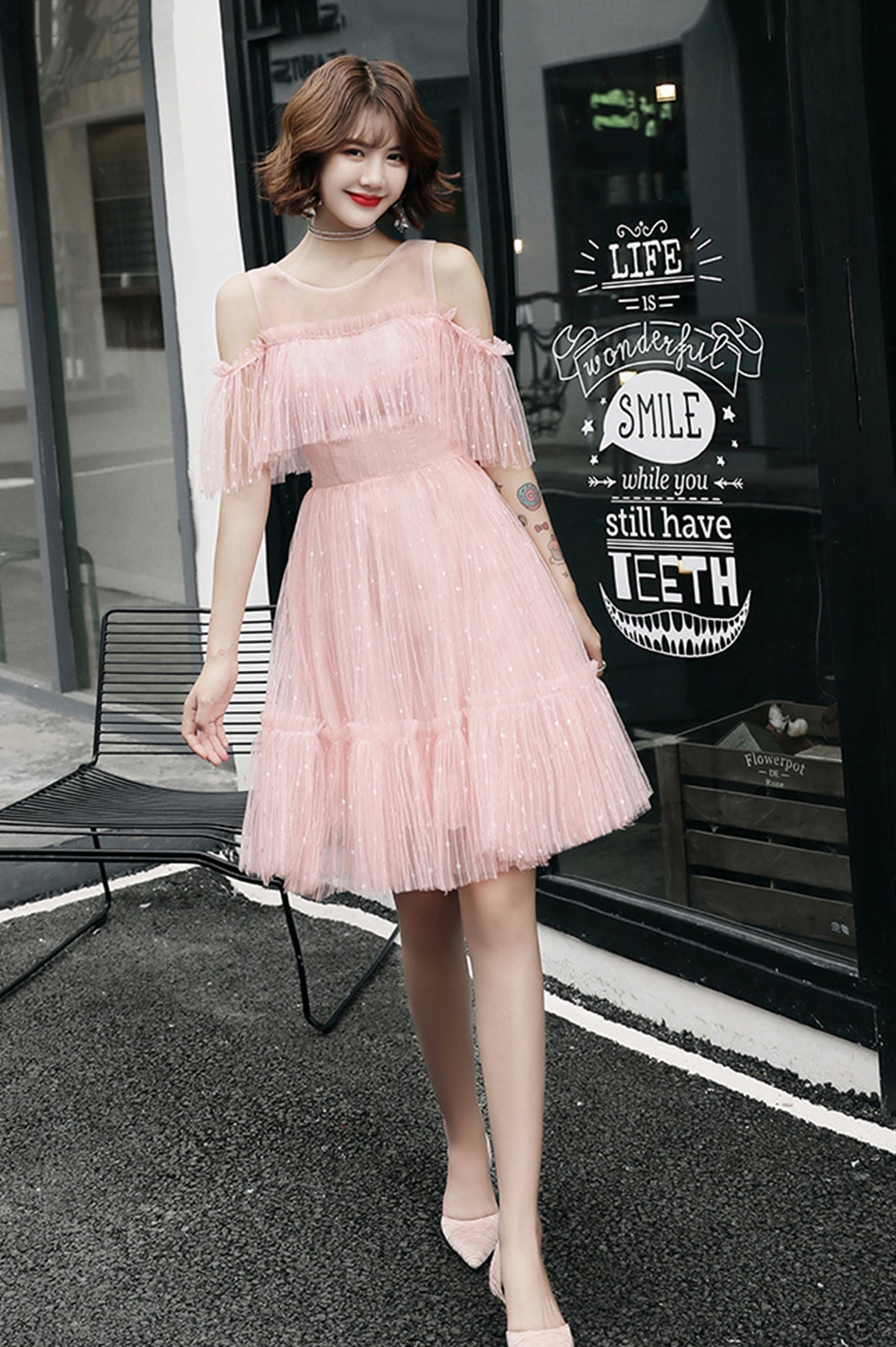 Pink tulle short prom dress homecoming dress