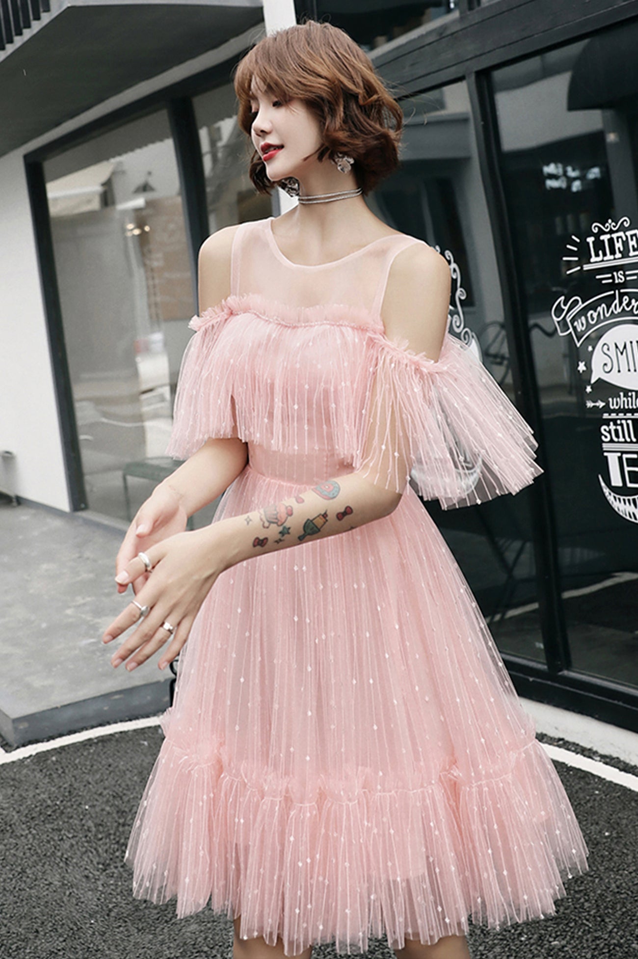 Pink tulle short prom dress homecoming dress