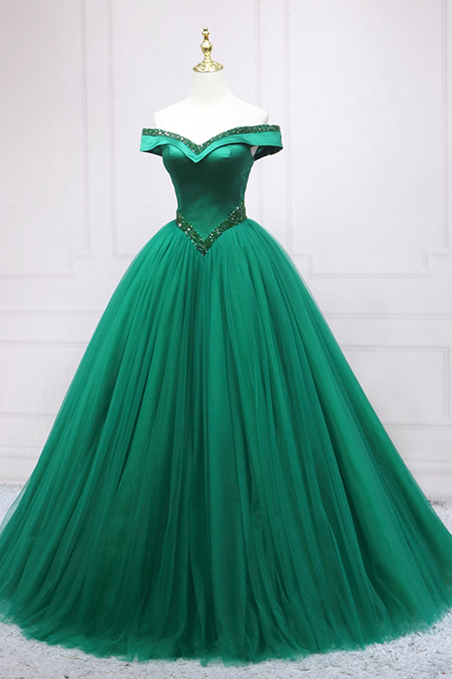 Green Tulle Beaded Long Ball Gown Formal Dress, Off the Shoulder Evening Dress