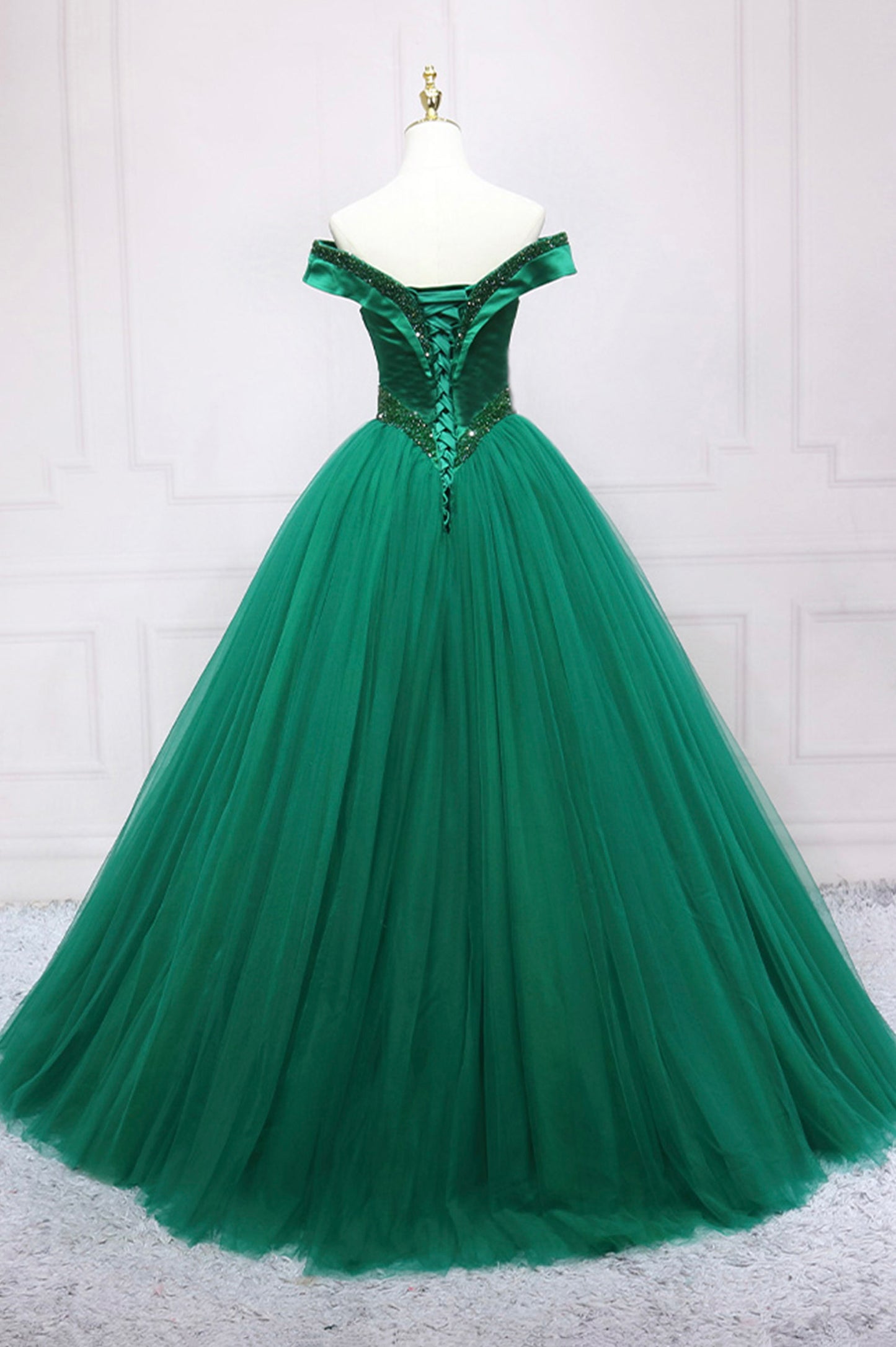 Green Tulle Beaded Long Ball Gown Formal Dress, Off the Shoulder Evening Dress