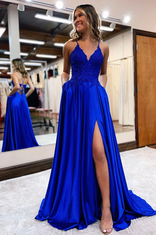 Beautiful Spaghetti Strap Lace Long Prom Dress, A-Line V-Neck Satin Evening Dress with Slit