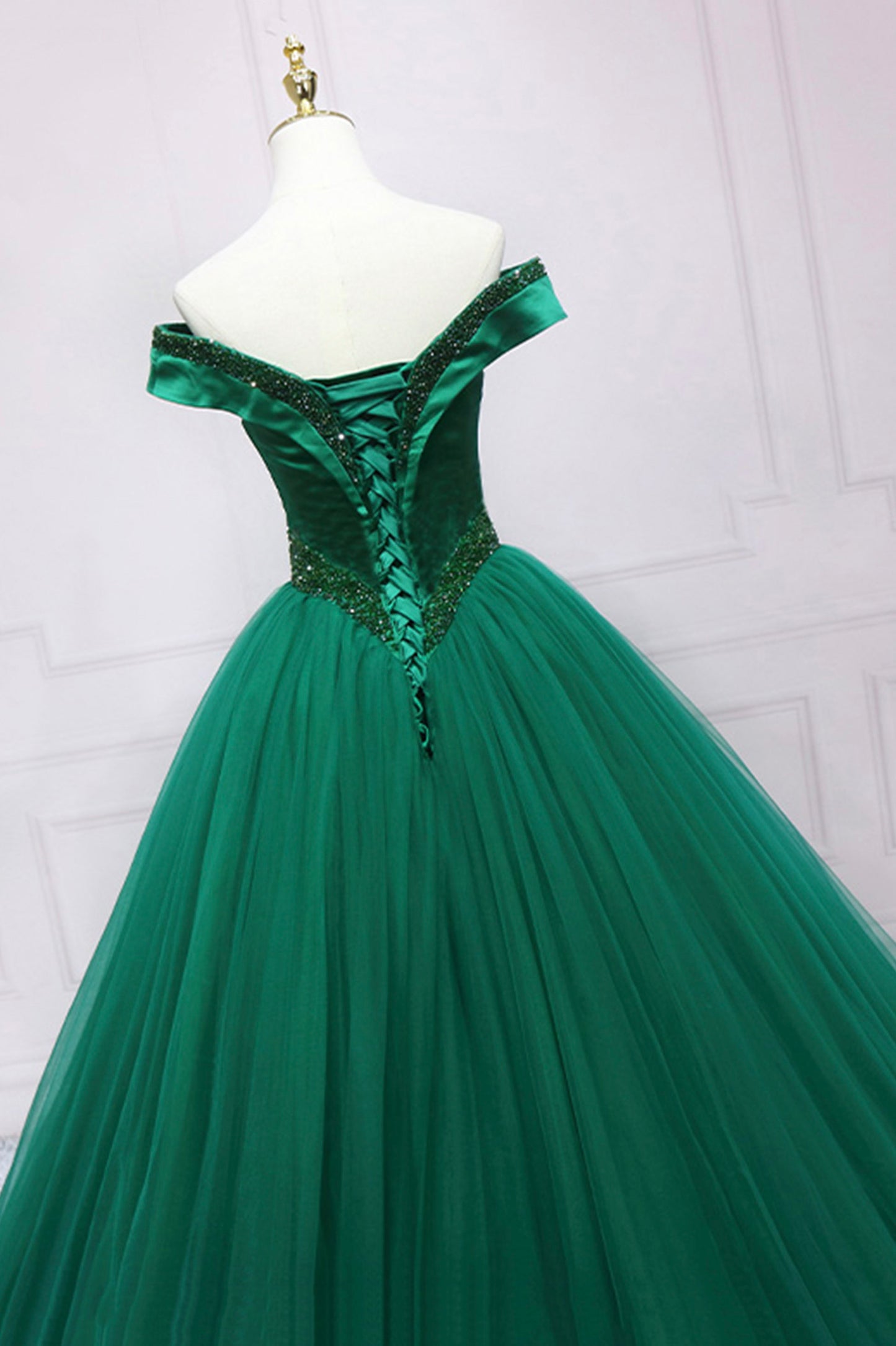 Green Tulle Beaded Long Ball Gown Formal Dress, Off the Shoulder Evening Dress