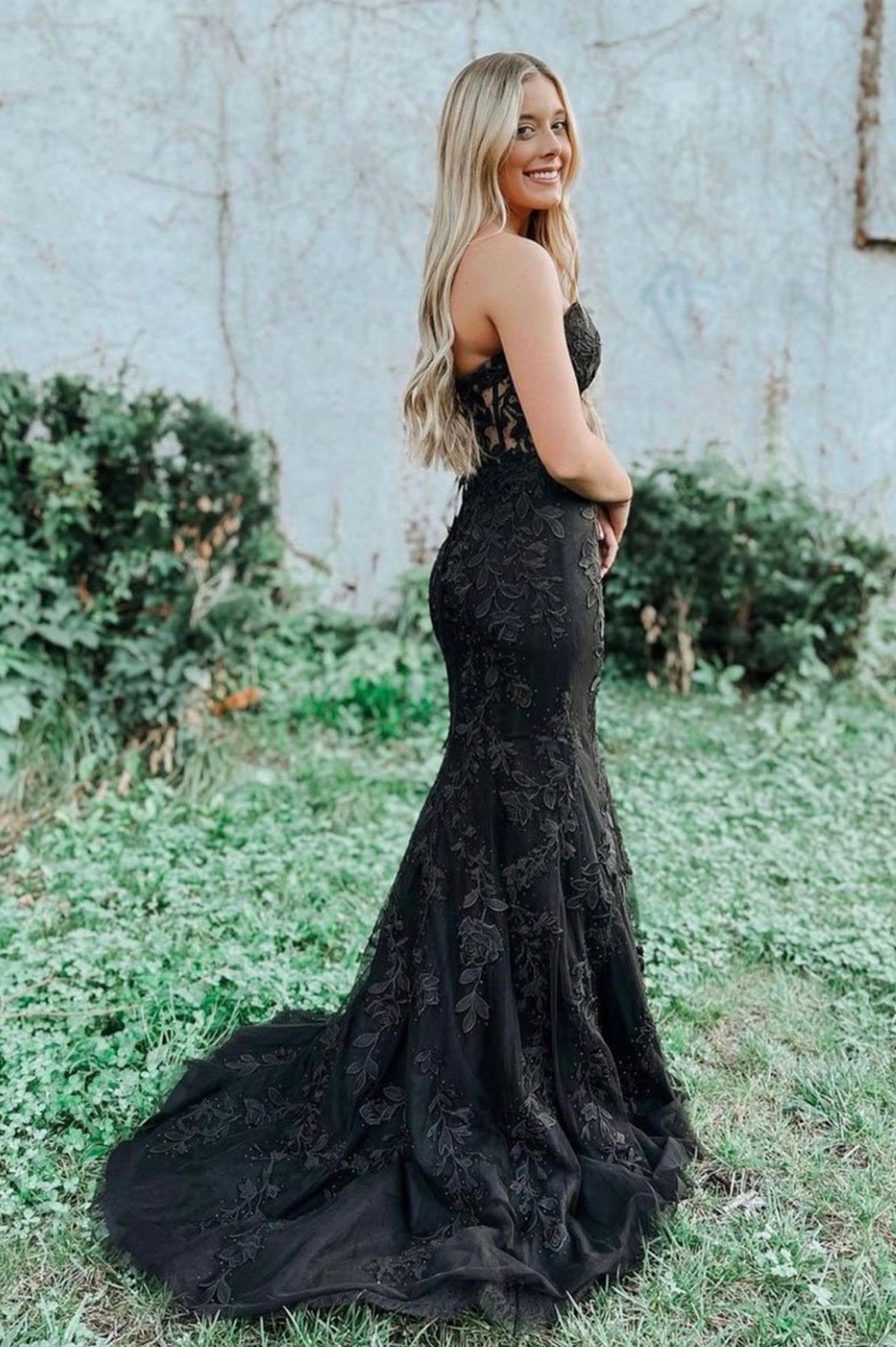 Black Strapless Lace Floor Length Prom Dress