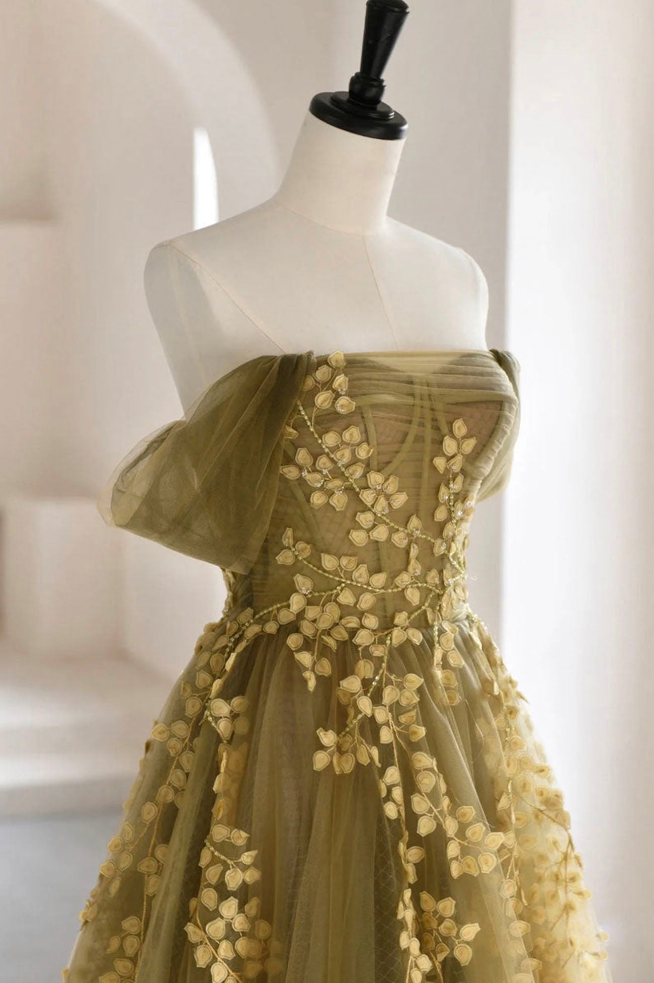 Green Tulle Lace Long Prom Dress, Off the Shoulder Evening Party Dress