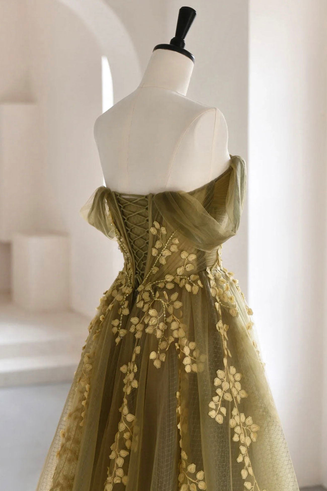 Green Tulle Lace Long Prom Dress, Off the Shoulder Evening Party Dress
