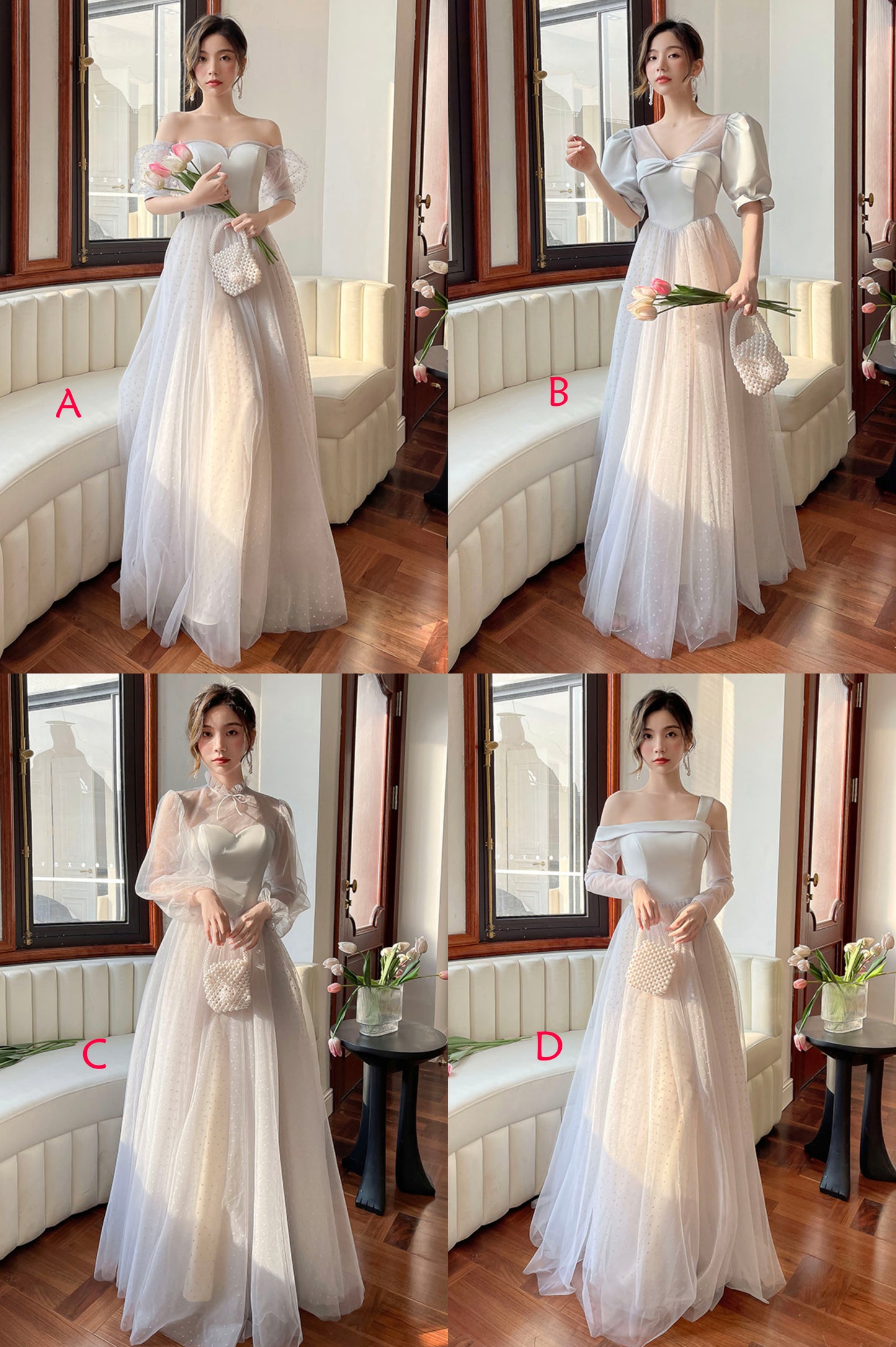 Gray Tulle Floor Length A-Line Prom Dress