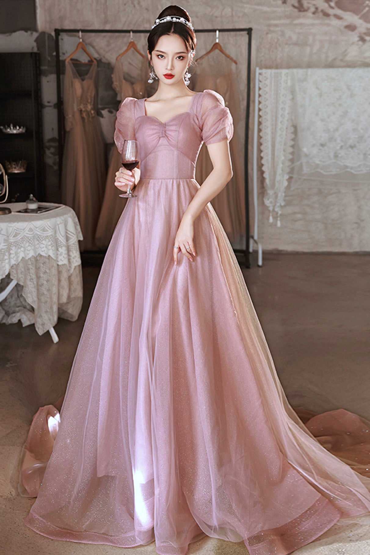Pink tulle long prom dress A-line evening dress