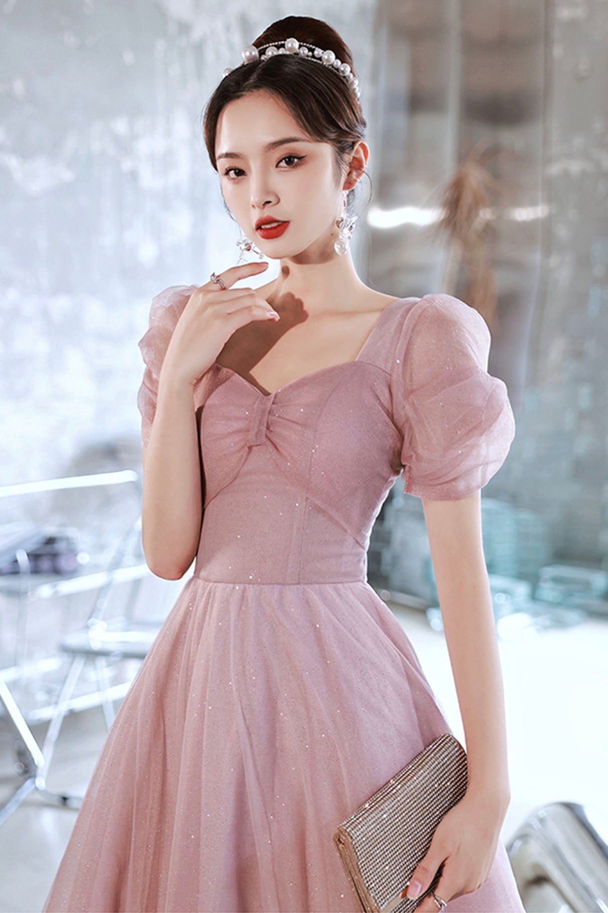 Pink tulle long prom dress A-line evening dress