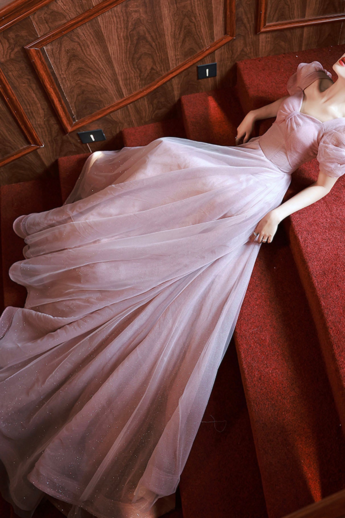 Pink tulle long prom dress A-line evening dress