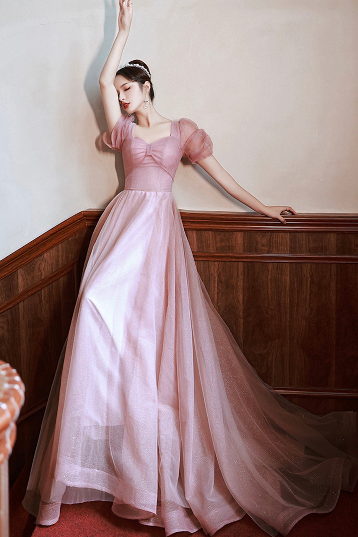 Pink tulle long prom dress A-line evening dress