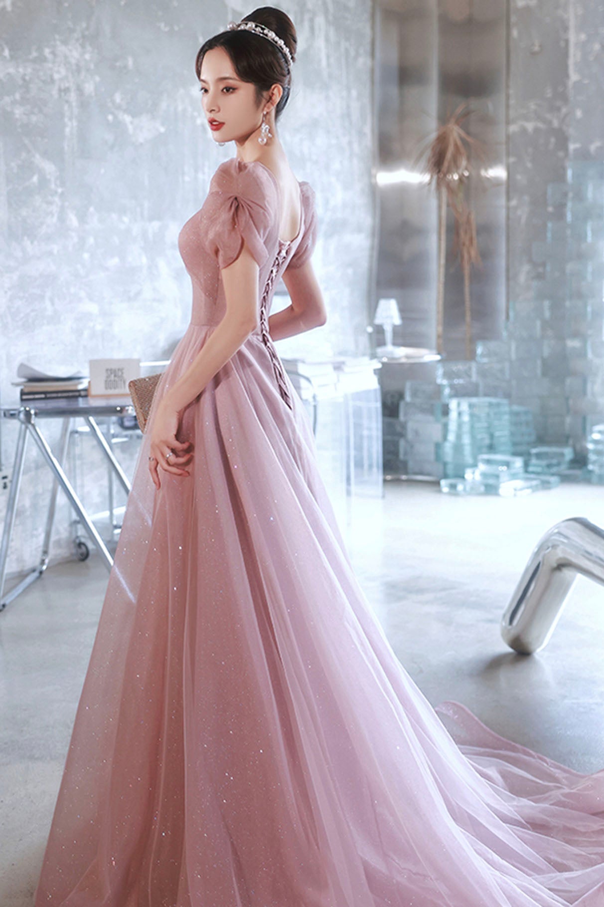 Pink tulle long prom dress A-line evening dress