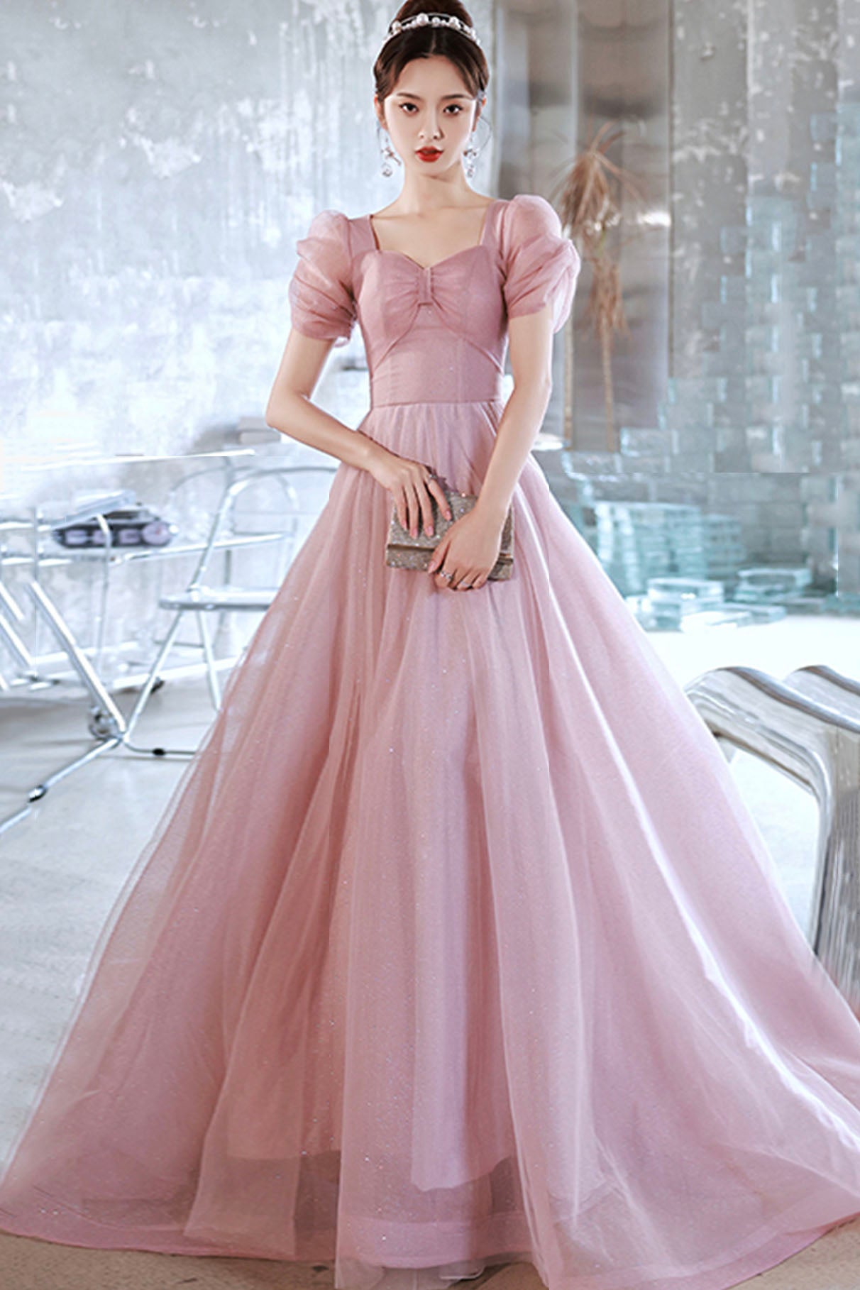 Pink tulle long prom dress A-line evening dress