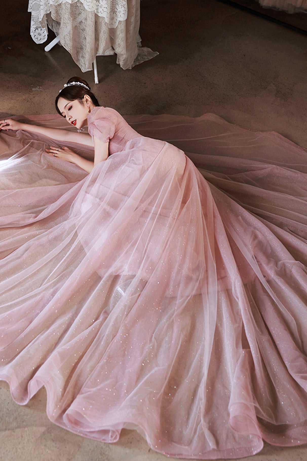 Pink tulle long prom dress A-line evening dress
