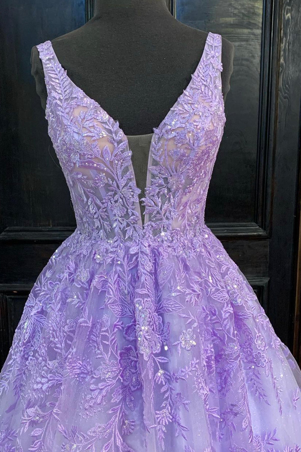 Purple V-Neck Tulle Lace Long Prom Dress, A-Line Floor Length Evening Dress