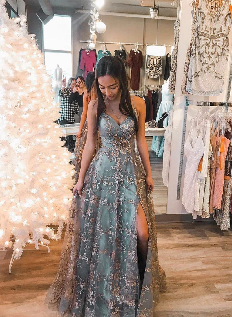 Stylish V-Neck Tulle Sequins Long Prom Dress, A-Line Backless Evening Dress