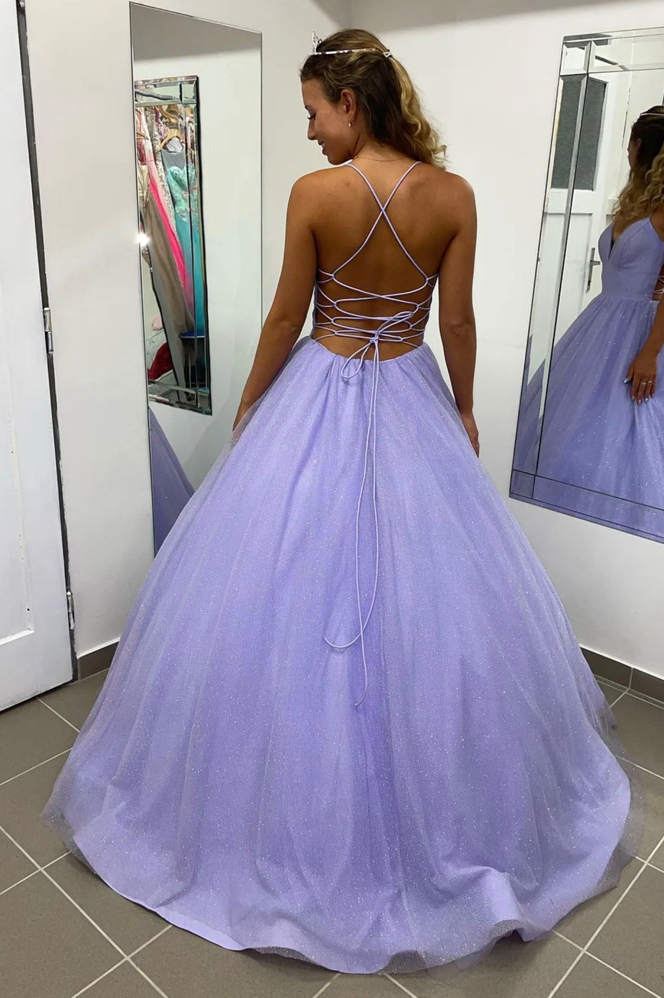 Purple Spaghetti Strap Tulle Long Prom Dress, A-Line Backless Evening Dress