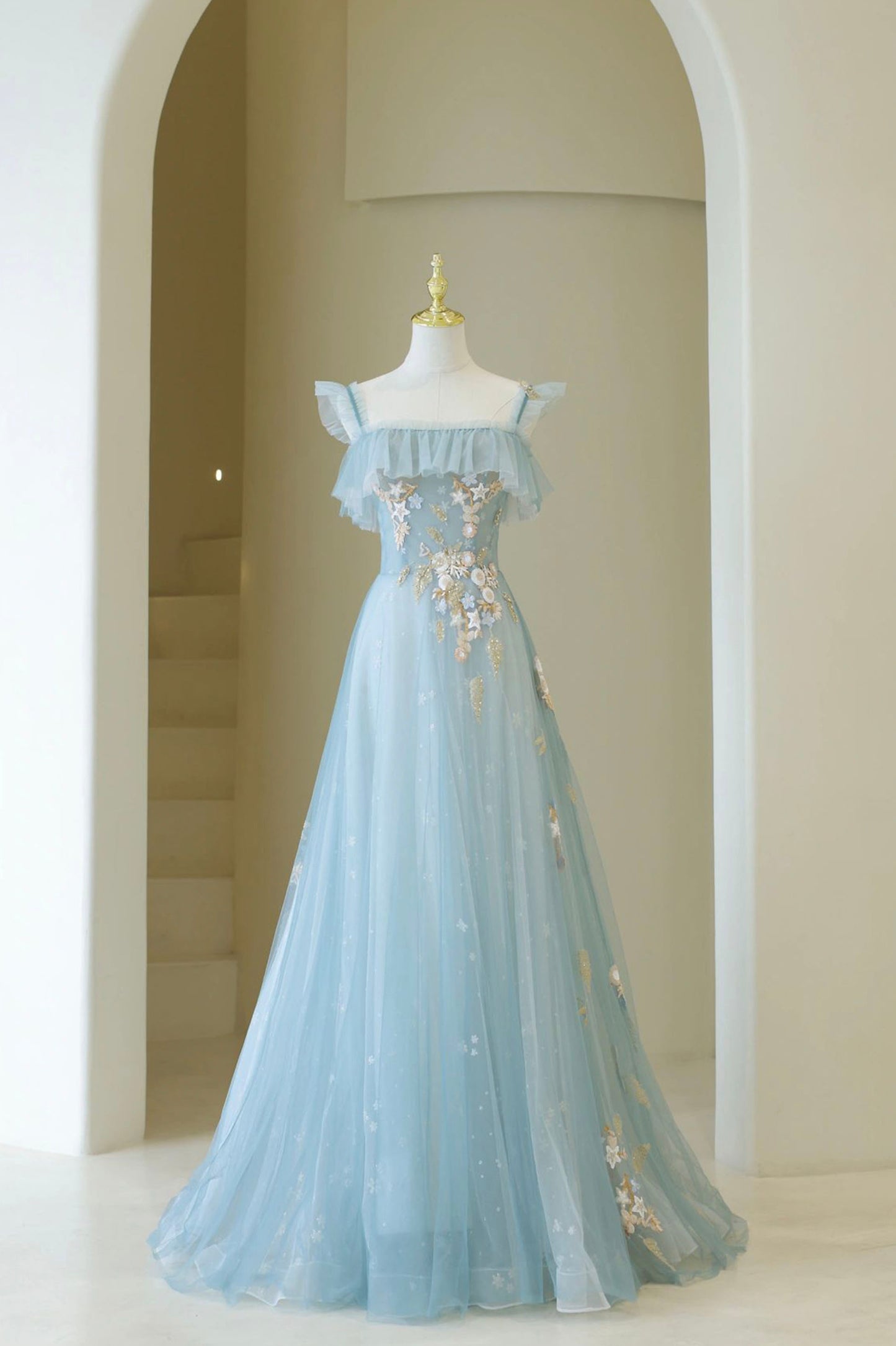 Blue Spaghetti Strap Tulle Long Prom Dress