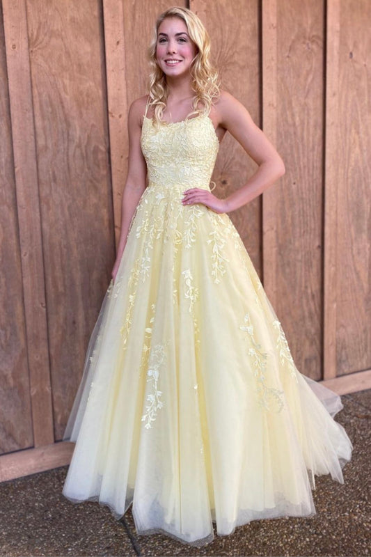 Yellow Spaghetti Strap Tulle Lace Long Prom Dress, A-Line Backless Evening Dress