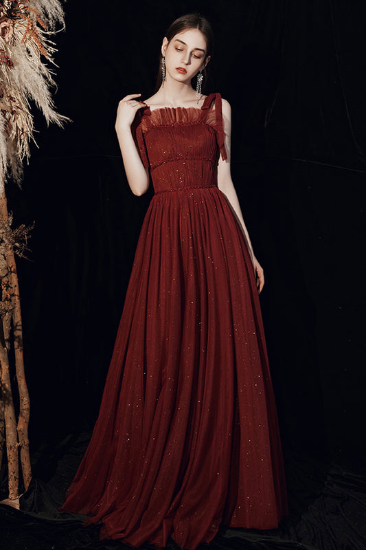 Beautiful Tulle Floor Length Prom Dress, Burgundy Tulle Evening Dress