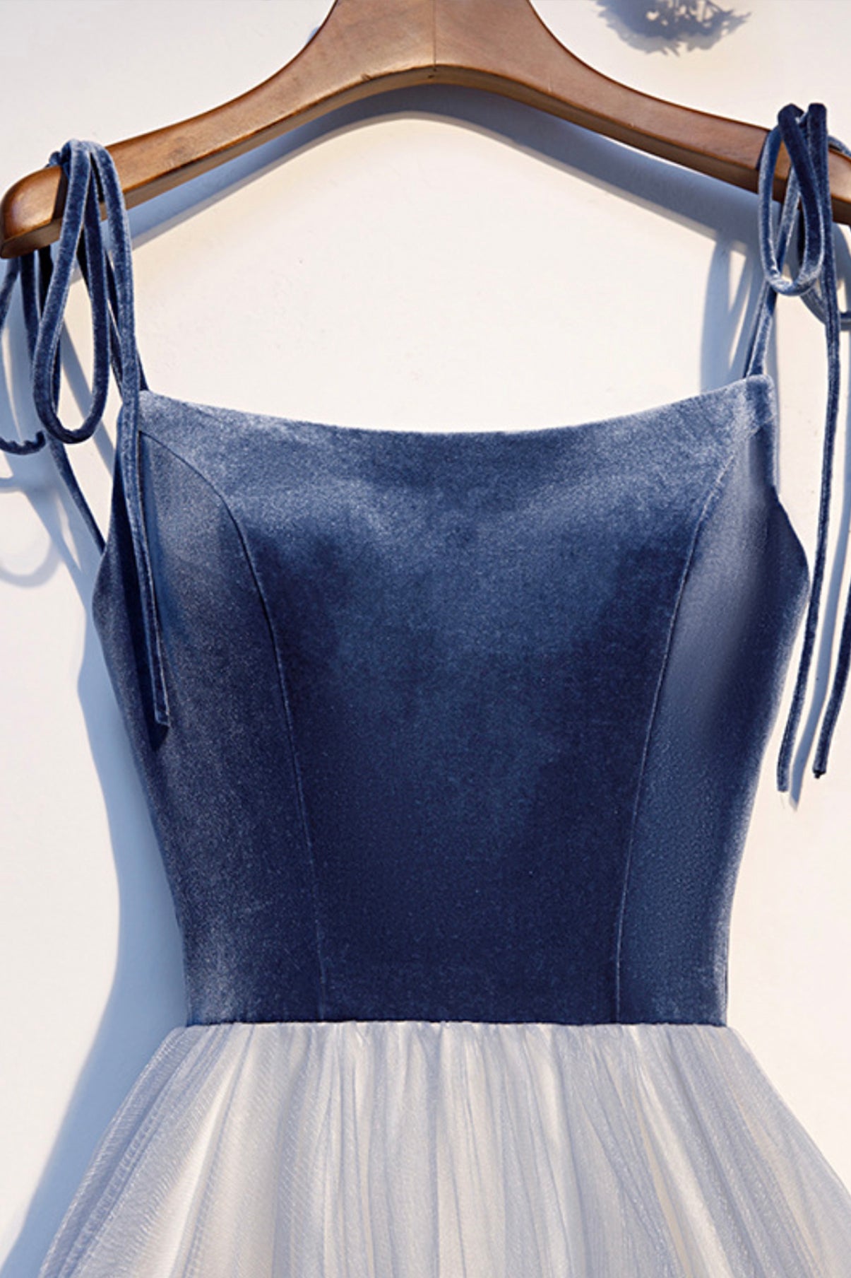 Blue Spaghetti Strap Velvet Tulle Long Prom Dress, Blue Tulle Evening Dress