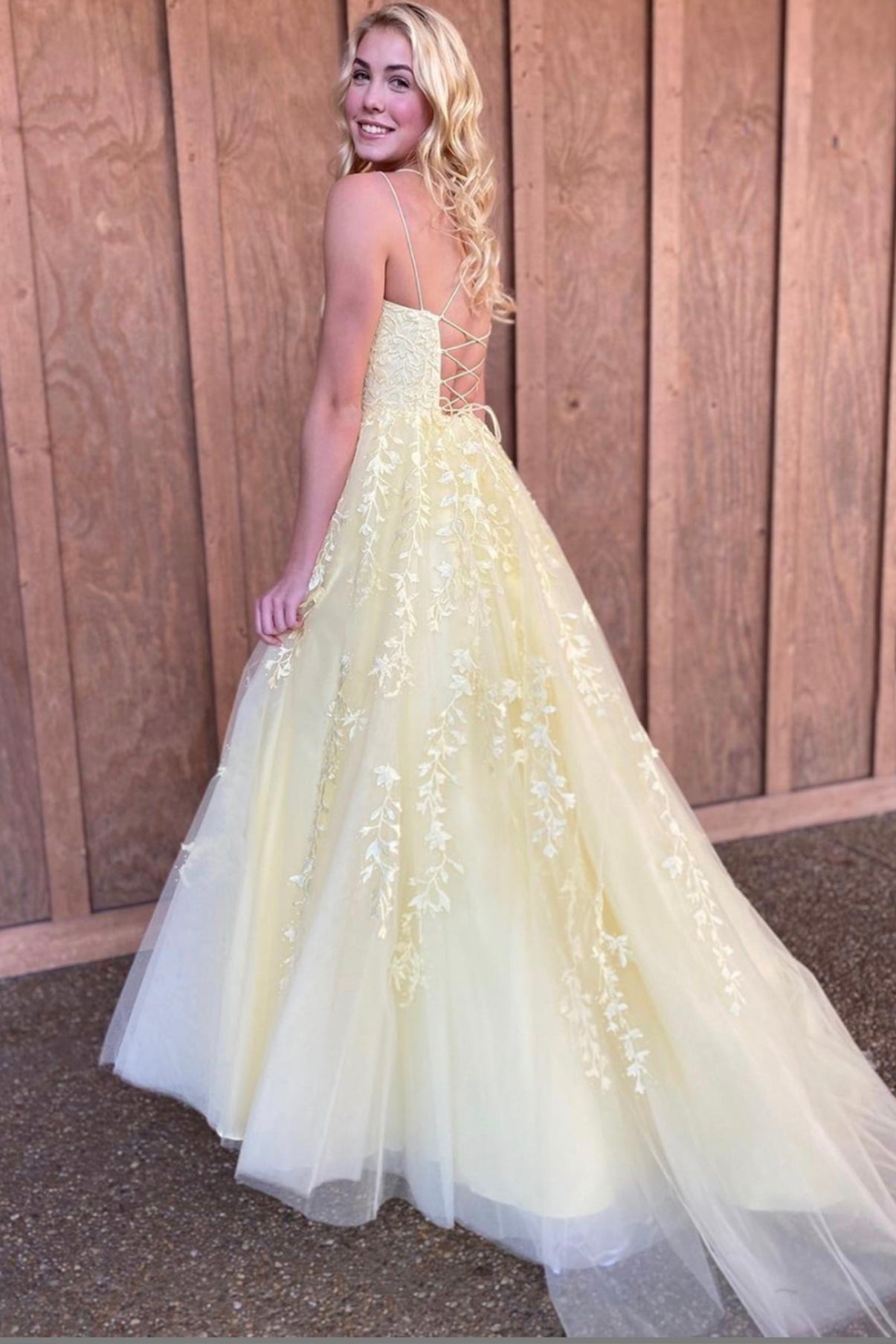 Yellow Spaghetti Strap Tulle Lace Long Prom Dress, A-Line Backless Evening Dress