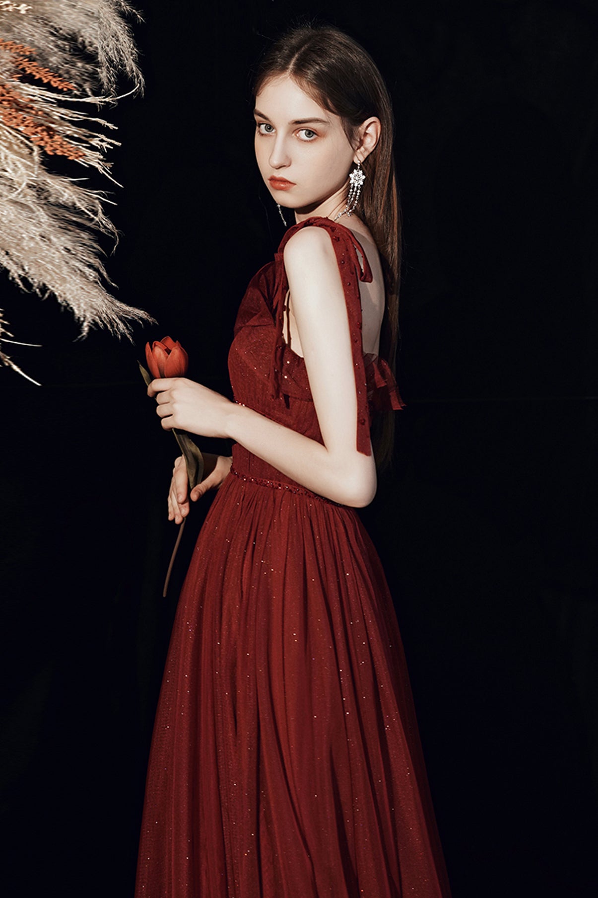 Beautiful Tulle Floor Length Prom Dress, Burgundy Tulle Evening Dress
