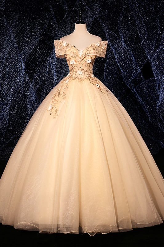 Champagne Tulle Lace Long A-Line Ball Gown, Off the Shoulder Evening Party Dress
