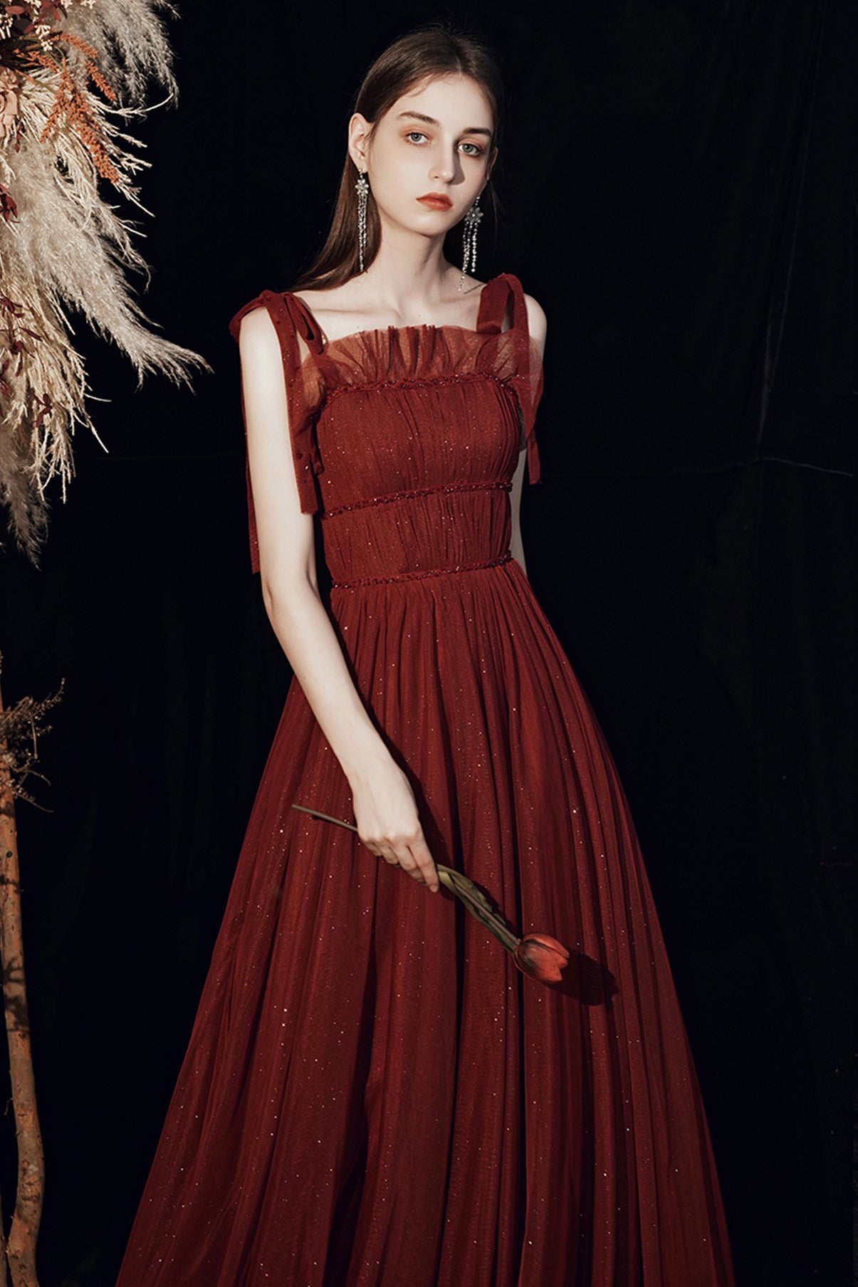 Beautiful Tulle Floor Length Prom Dress, Burgundy Tulle Evening Dress