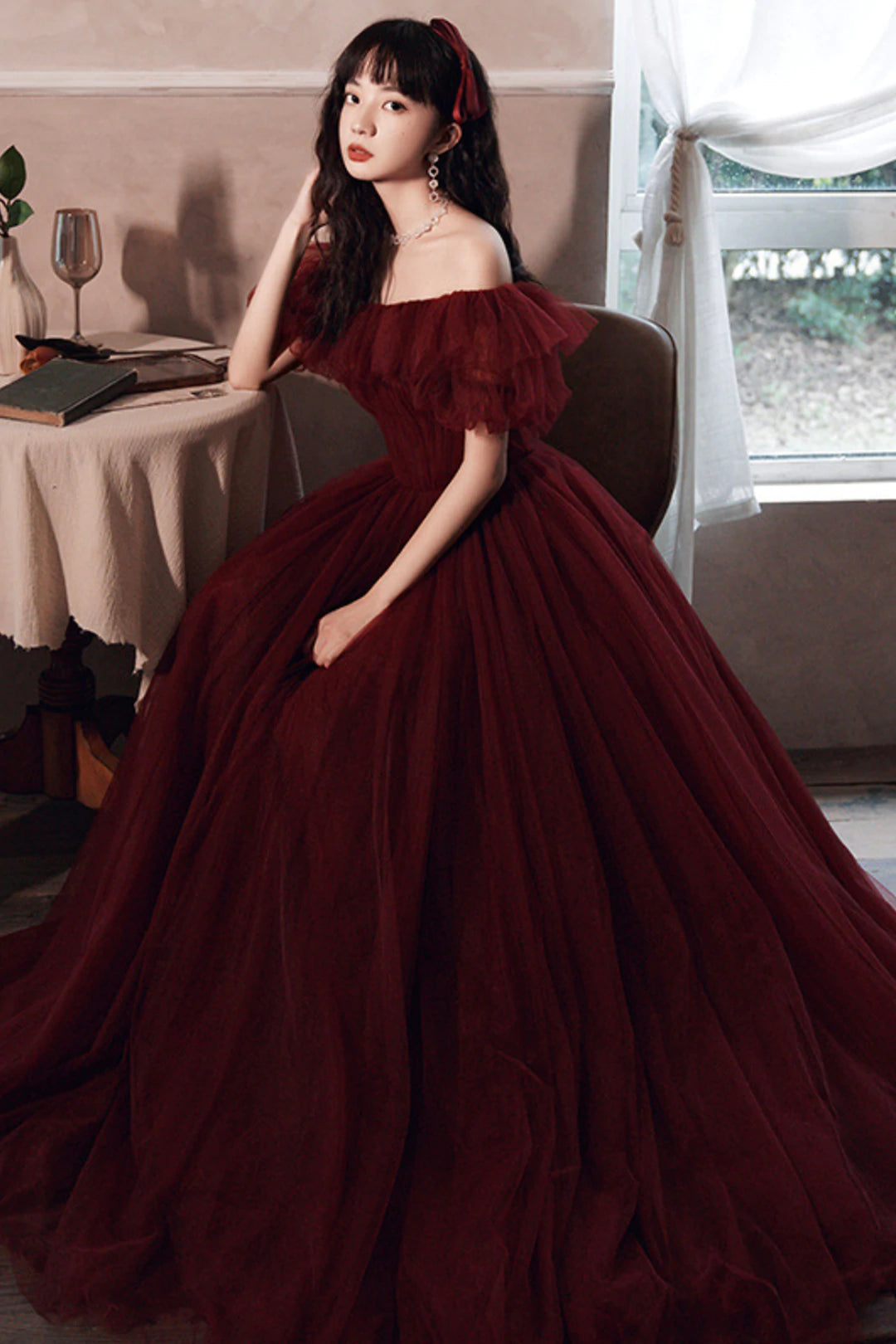 Burgundy Tulle Long Prom Dress, Beautiful A-Line Evening Party Dress